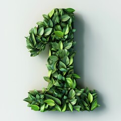 3D number 1 with leaves texture realistic modern design, soft lighting, white background