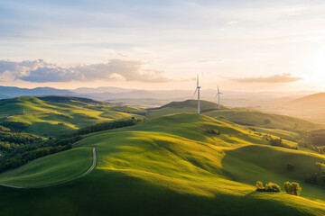 Rolling green hills with wind turbines under a colorful sunset in a remote landscape, showcasing renewable energy in nature