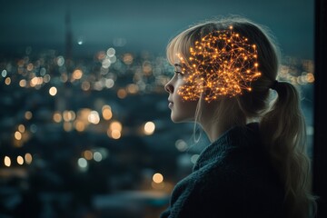 Poster - Astrocyte hippocampus neurotech and neurotrophic woman’s silhouette overlooking the city with glowing brain representing neural energy and intelligence