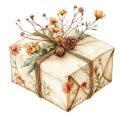 Wall Mural - Delicate watercolor illustration of a gift wrapped with floral accents, pinecones, and twine, perfect for rustic and eco-friendly holiday packaging.