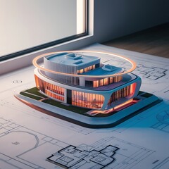 Vibrant 3D Futuristic Building on Dynamic Blueprints