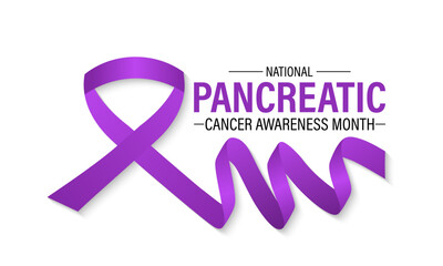 Poster - Vector illustration of Pancreatic Cancer awareness month is observed every year in November. Calligraphy and Realistic purple ribbon. Vector illustration transparent background.