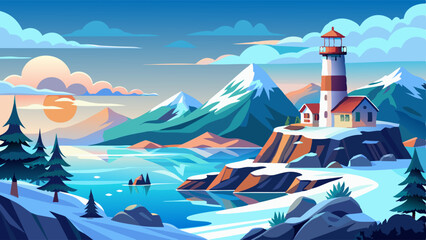 Wall Mural - Winter landscape with lighthouse on island cliff. Snow mountain coast scene in peaceful ocean water and beacon design. Nautical seaside journey background. Marine building view panorama wallpaper