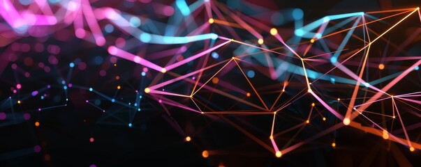 Abstract digital network with glowing lines and nodes. Futuristic visualization of data and connections. Technology background.
