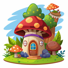 Cute fairy tale mushroom gnome or elf house vector set. Fantasy fairytale forest building for magic dwarf or hobbit with window, fungus roof and porch. Isolated vegetable village cottage illustration