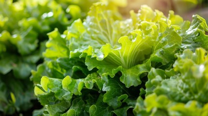 Close-up of fresh green lettuce leaves bathed in sunlight, showcasing vibrant and healthy produce perfect for salads and healthy meals.