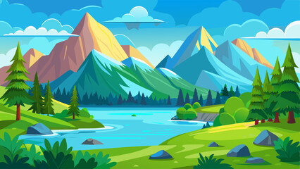 Mountain landscape with lake in green valley. Vector cartoon illustration of beautiful scenery, green forest with grass, bushes and trees, clear blue water sparkling in sunlight, clouds in sunny sky