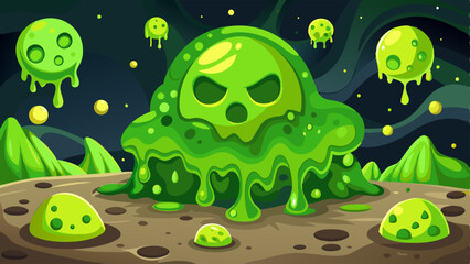 Wall Mural - Slime background, green toxic stretches of ooze with holes and glow particles around. Mucus, creepy goo, sticky liquid snots on dark backdrop, radioactive Halloween design Cartoon vector illustration