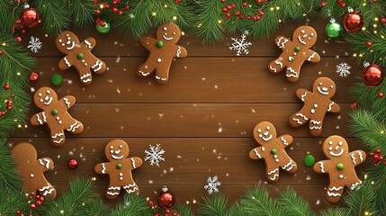 Delicious gingerbread cookies arranged on a wooden table surrounded by festive decorations during the holiday season