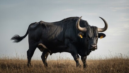 Black bull with large horns on a white background.