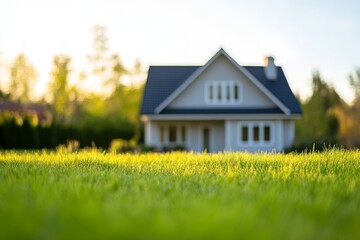 A photograph of a house in a blurred background with a green grass foreground, the focus on the front lawn. The image is bright and sunny, with a shallow depth of field and a bokeh effect.