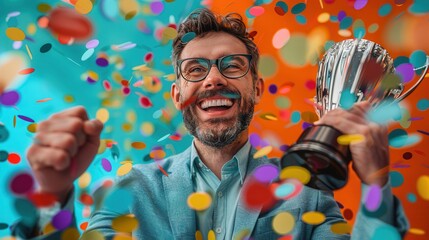 Joyful man in suit celebrating victory with trophy and colorful confetti background, expressing excitement and success.