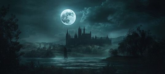 Wall Mural - The Night scene with moon, Halloween background, game background, Illustration