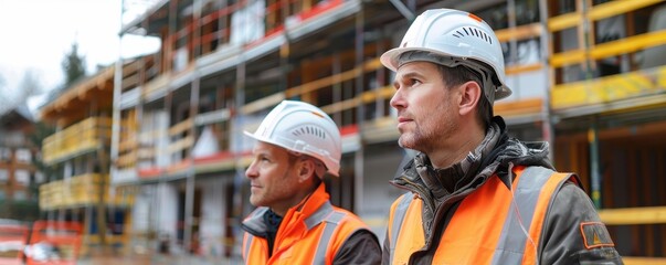 Two construction workers in safety gear observing a building under construction, showcasing teamwork, safety, and progress.