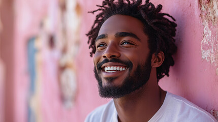 black man is laughing brightly, pink background, wearing white shirt