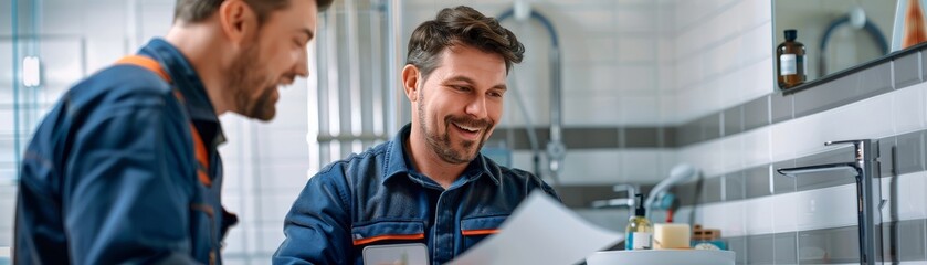 Two male plumbers working together on a bathroom renovation project, discussing plans and smiling, in a bright and modern bathroom setting.