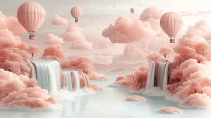 Wall Mural - vector design of a whimsical dreamscape with floating islands waterfalls cascading from the sky and 