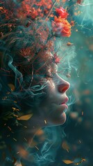 Wall Mural - Dreamy Portrait of a Woman Surrounded by Flowers and Smoke