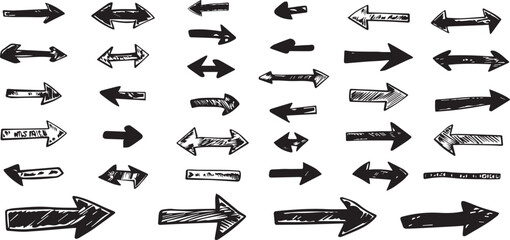 Hand drawn arrows direction sketch symbol set navigation pointer sign right left up down indicator black white doodle elements collection isolated background web design icon illustration drawing
