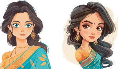 Beautiful Indian women in traditional sari dress with gold jewelry earrings and elegant hairstyle cultural representation diversity portrait illustration