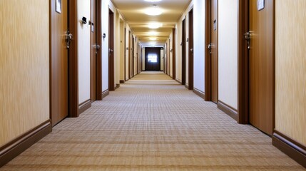 The hotel corridor features a luxurious design with curved walls, beige tones, and soft lighting, enhancing the welcoming atmosphere with stylish carpets and decorative touches