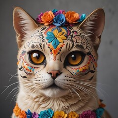 cat with colorful sugar skull face paint. Canine with festive Day of the Dead mask. Concept of celebration, Halloween, cultural tradition, pet costume, Dia de los Muertos makeup, celebration