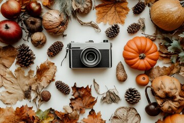 a retro photo camera autumn flat lay with pumpkins, pinecones and red and yellow orange fall leaves. Taking photos hipster hobby. Capture moments and memories. 