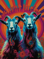 Wall Mural - Colorful gig poster featuring a surreal psychedelic two-headed goat with bold art.