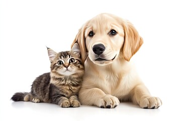 Wall Mural - Retriever puppy and cat. Isolated on white background