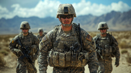 A group of soldiers in camouflage uniforms walk across a desert landscape.