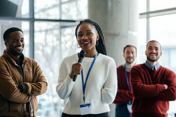 A smiling woman with a microphone speaks to a group of people.