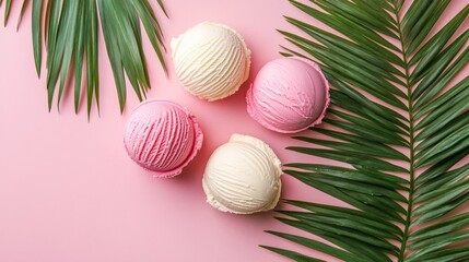 Wall Mural - Four scoops of ice cream, two strawberry and two vanilla, on a pink background with palm leaves.