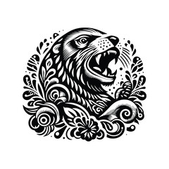 Wall Mural - Sealion in folk art black and white silhouette illustration -