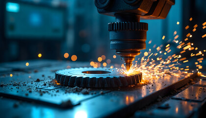 close-up of a cnc machine cutting a gear, emitting sparks, showcasing advanced manufacturing techniq