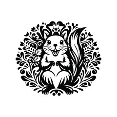 Wall Mural - Squirrel in folk art black and white silhouette illustration -