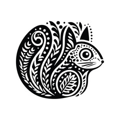 Wall Mural - Squirrel in folk art black and white silhouette illustration -