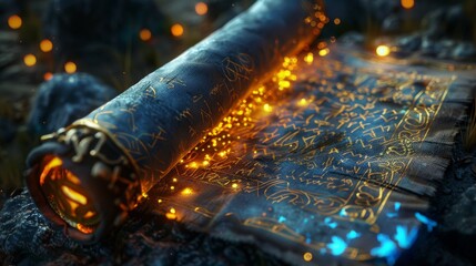 A mysterious, glowing scroll with intricate metalwork lies on a dark, textured surface.  The scroll radiates with magical energy.