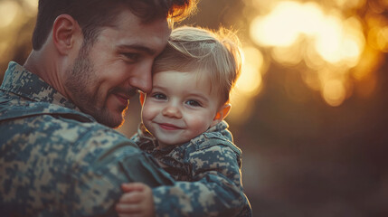 Wall Mural - A father in military uniform holds his son close, both smiling.