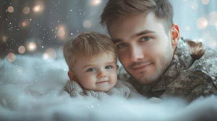 A young man in military uniform smiles at the camera while holding a baby boy.