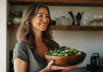 A woman smiles happily as she holds a bowl of salad in her kitchen.