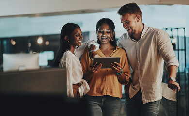 Poster - Business people, night and employees with teamwork, tablet and planning for project, deadline and talk. Evening, group and coworkers with tech, brainstorming or research with cooperation for proposal