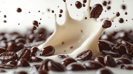 Wall Mural - white liquid cream splash with dark roasted coffee beans isolated on white