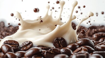 Wall Mural - white liquid cream splash with dark roasted coffee beans isolated on white