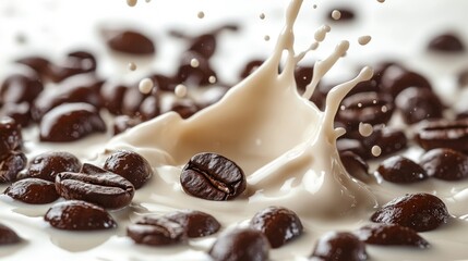 white liquid cream splash with dark roasted coffee beans isolated on white