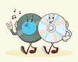 © createvil - Groovy Vinil and CD Retro Characters. Cartoon Music Disk Record Personage Walking, Whistling and Smiling. Vector Funny Disco Mascot Template. Happy Vintage Cool Illustration Isolated