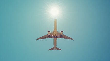 A commercial airplane flying through a clear blue sky, with sunlight reflecting off its wings.