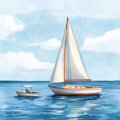 Sailboat and small fishing boat, peaceful ocean scene, watercolor style