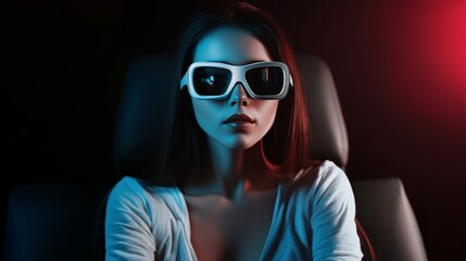 Woman wearing virtual reality goggles in futuristic dark environment, front view. High-contrast photography with a red light glow.