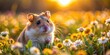 © somsak - Adorable hamster exploring a sunlit field filled with wildflowers during golden hour, hamster, adorable, sunlit, field