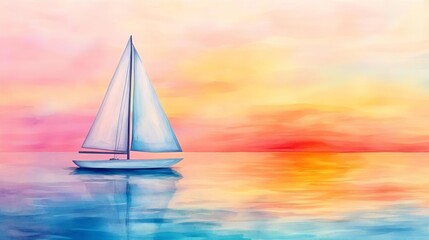 Sailboat gliding on calm sea, vibrant sunset, watercolor style